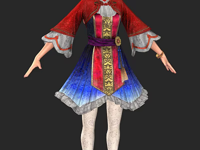 Game Movie Character in Red Blue Robe with Golden Patterns Lace Trim and White Stockings 3d model