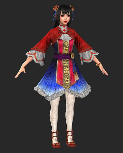 Game Movie Character in Red Blue Robe with Golden Patterns Lace Trim and White Stockings 3d model