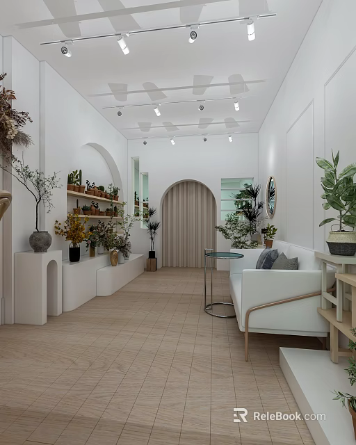 Elegant Home Decor Store With White Walls Arched Doorway Display Shelves White Sofa And Greenery 3d model 