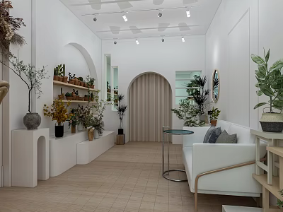 Elegant Home Decor Store With White Walls Arched Doorway Display Shelves White Sofa And Greenery 3d model