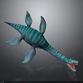 Turquoise Green Striped Plesiosaur 3D Render With Long Neck Blue Flippers And Open Mouth