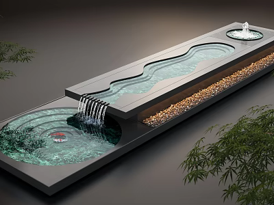 Contemporary Water Fountain With Flowing Water Curved Pool Decorative Stones And Bamboo 3d model