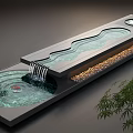 Contemporary Water Fountain With Flowing Water Curved Pool Decorative Stones And Bamboo