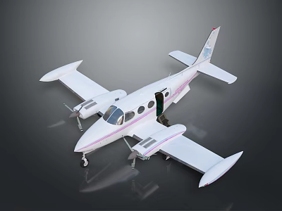 Small White Light Aircraft With Pink Stripes Twin Engine Parked On Gray Surface With Reflection 3d model