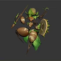 Green Leafy Brown Root Archer Creature With Bow Arrow Shield And Sun Design 3d model