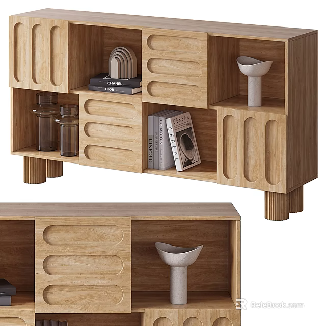 Wooden Bookcase with Drawers and Open Compartments for Books and Decorative Vases in Living Room 3d model 