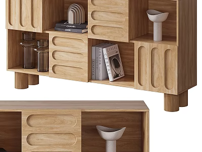 Wooden Bookcase with Drawers and Open Compartments for Books and Decorative Vases in Living Room 3d model