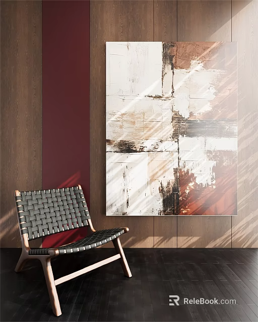 Abstract Landscape Painting With Woven Chair Against Red And Wooden Wall Interior Setting 3d model 
