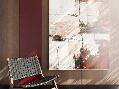 Abstract Landscape Painting With Woven Chair Against Red And Wooden Wall Interior Setting 3d model