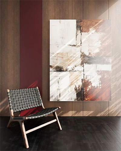 Abstract Landscape Painting With Woven Chair Against Red And Wooden Wall Interior Setting 3d model