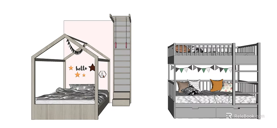 House Shaped Children's Bed With Hello Sign Star Stickers And Bunk Bed With Decorative Flags 3d model 