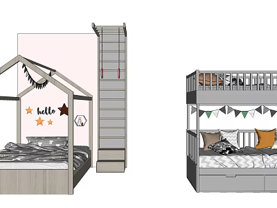 House Shaped Children's Bed With Hello Sign Star Stickers And Bunk Bed With Decorative Flags 3d model