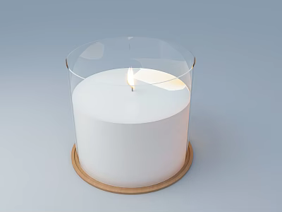 Transparent Glass Cylindrical Candle Lamp With White Lit Candle And Wooden Base 3d model