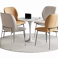 Round White Dining Table Set With Beige And Brown Chairs And Metal Legs On Carpet