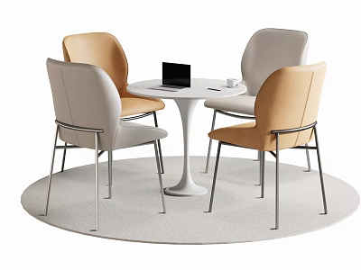 Round White Dining Table Set With Beige And Brown Chairs And Metal Legs On Carpet 3d model