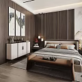 Traditional Chinese Modern Bedroom Interior With Wooden Panel Walls Decorative Paintings And Bed Bench