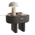 Modern Dark Wood Bedside Table With Rounded Design Golden Handles And Marble Dome Lamp