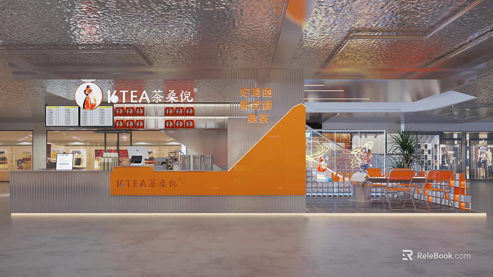 Modern Milk Tea Shop Interior Design With Orange Counter And Seating Area 3d model 