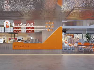 Modern Milk Tea Shop Interior Design With Orange Counter And Seating Area 3d model