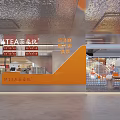 Modern Milk Tea Shop Interior Design With Orange Counter And Seating Area