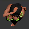 Woman In Green Bikini Posing With Hand On Head Against Grey Background