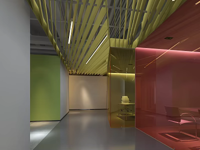 Modern Office Corridor With Colorful Walls Glass Partitions And Ceiling Light Strips Design 3d model