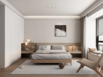Modern Bedroom Interior Design With Wooden Bed Frame White Wardrobe Pendant Lights And Area Rug 3d model