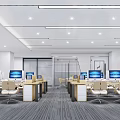 Modern Public Office Area With Open Layout Desks Computers Ergonomic Chairs And Bright Ceiling Lights 3d model