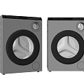 Two Modern Front Load Washing Machines With Round Door And Stainless Steel Control Panel
