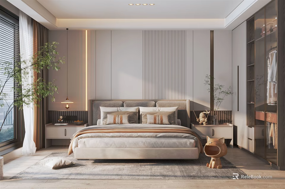 Modern Bedroom Interior Design With Upholstered Headboard Vertical Striped Wall Green Plants And Area Rug 3d model 