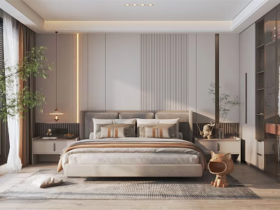 Modern Bedroom Interior Design With Upholstered Headboard Vertical Striped Wall Green Plants And Area Rug 3d model