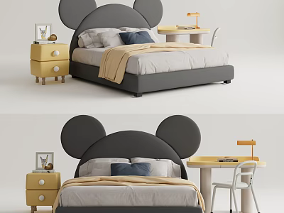 Gray Kids Bed with Mickey Mouse Ears Design Yellow Nightstand and Desk 3d model