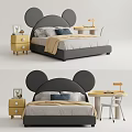 Gray Kids Bed with Mickey Mouse Ears Design Yellow Nightstand and Desk