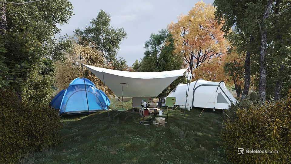 Peaceful Natural Forest Camping Scenery With Tents And Canopy Surrounded By Colorful Autumn Trees 3d model 