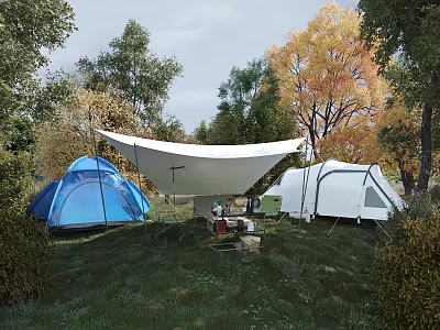 Peaceful Natural Forest Camping Scenery With Tents And Canopy Surrounded By Colorful Autumn Trees 3d model