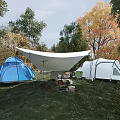 Peaceful Natural Forest Camping Scenery With Tents And Canopy Surrounded By Colorful Autumn Trees