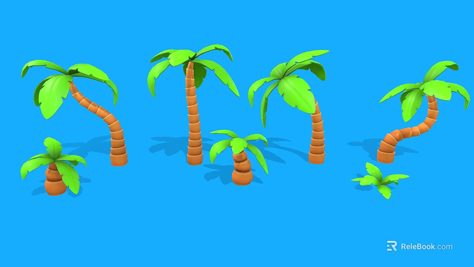 Palm Trees of Various Sizes with Green Leaves and Orange Trunks on Blue Background 3d model 