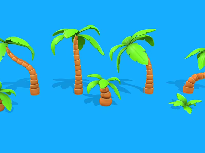 Palm Trees of Various Sizes with Green Leaves and Orange Trunks on Blue Background 3d model