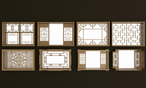 New Chinese Style Flower Window Solid Wood Lattice Flower Window 3d model