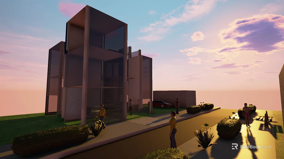 Modern Multi Story Building With Glass Facade Greenery And Pedestrians At Sunset 3d model 