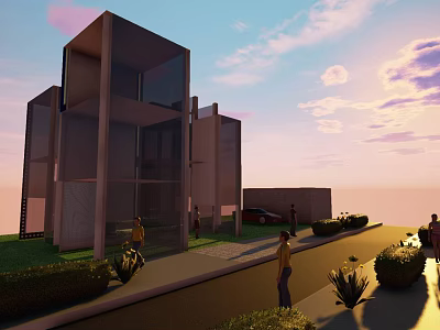 Modern Multi Story Building With Glass Facade Greenery And Pedestrians At Sunset 3d model
