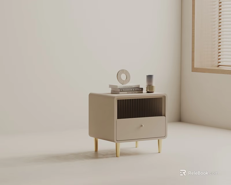 Modern Neutral Color Side Table With Golden Legs Drawer And Decor For Living Room 3d model 