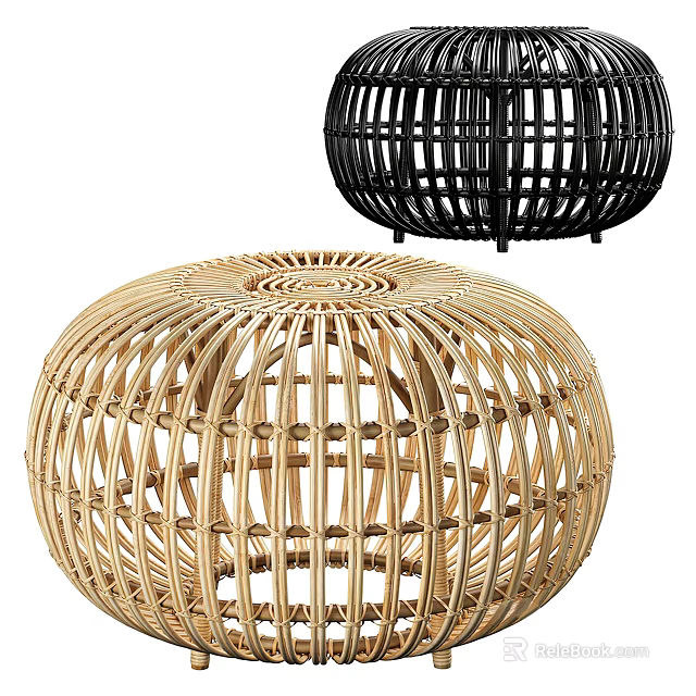 Round Woven Rattan Stools With Light Colored And Black Design For Home Decor 3d model 