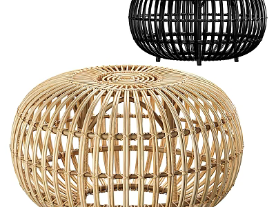Round Woven Rattan Stools With Light Colored And Black Design For Home Decor 3d model