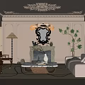 Elegant Living Room With Decorative Walls Ornate Chandelier Fireplace Beige Sofa And Marble Coffee Table