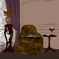 Elegant Gold Velvet Single Sofa With Side Table Tea Cup Flower Vase And Sunlight