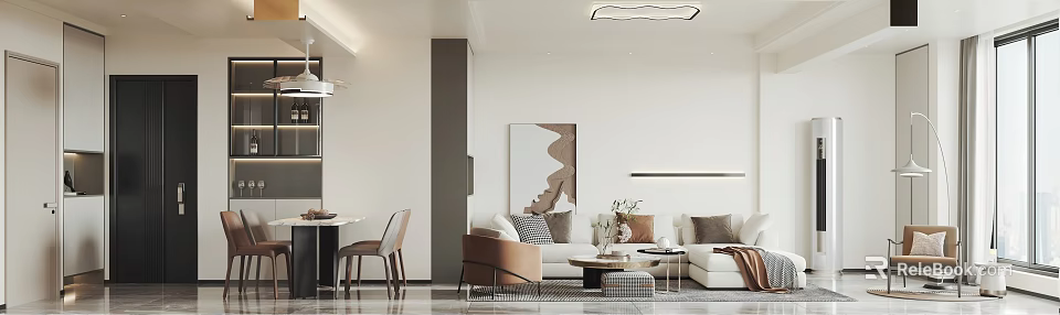 Elegant Modern Living Dining Room Interior With Sofa Dining Table Artwork And Pendant Light 3d model