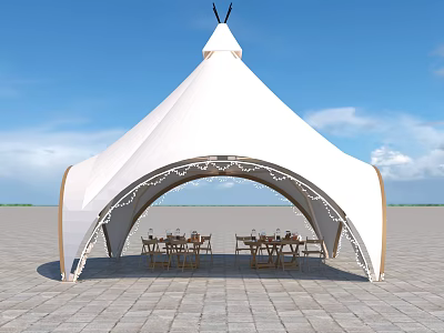Outdoor White Tent Structure With Decorative Arch And Dining Tables Chairs On Stone Pavement 3d model