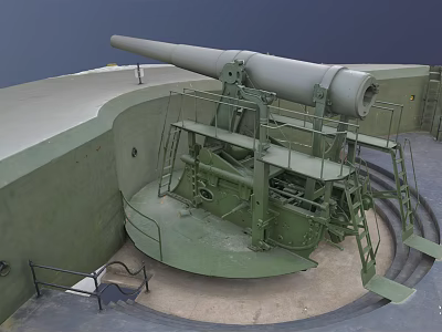 Large Historical Military Weapon Cannon With Green Barrel In Circular Battery Structure 3d model