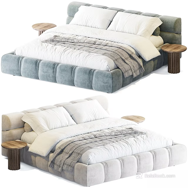 Cozy Modern Upholstered Double Bed With Tufted Details And Wooden Nightstands 3d model 